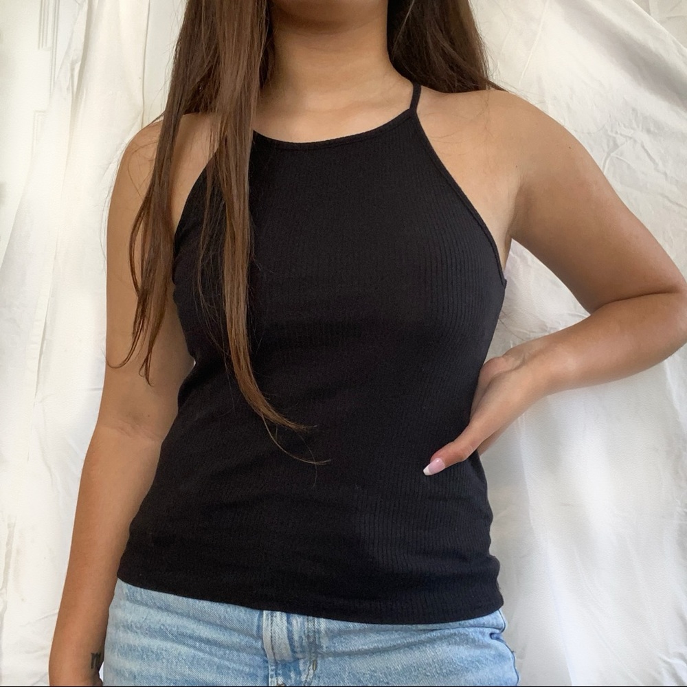 High Neck Black Ribbed Tank Top